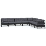 8 Piece Garden Lounge Set with Cushions Black Solid Pinewood - Front View