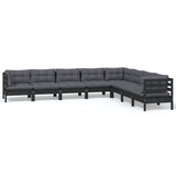 8 Piece Garden Lounge Set with Cushions Black Solid Pinewood - Front View