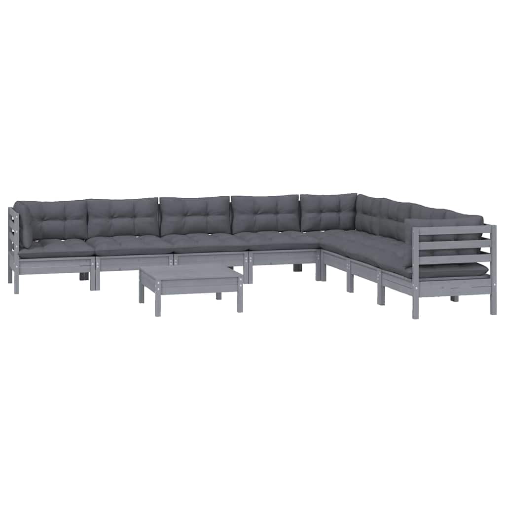 9 Piece Garden Lounge Set with Cushions Grey Solid Pinewood