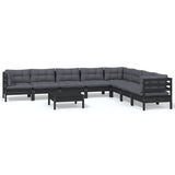9 Piece Garden Lounge Set with Cushions Black Solid Pinewood - Front View