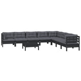 9 Piece Garden Lounge Set with Cushions Black Solid Pinewood - Side View