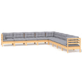 9 Piece Garden Lounge Set with Grey Cushions Solid Pinewood - Front View