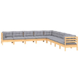 9 Piece Garden Lounge Set with Grey Cushions Solid Pinewood - Side View