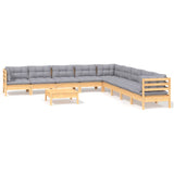 10 Piece Garden Lounge Set with Grey Cushions Solid Pinewood - Front View