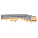 10 Piece Garden Lounge Set with Grey Cushions Solid Pinewood - Side View