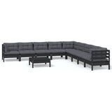 10 Piece Garden Lounge Set with Cushions Black Solid Pinewood - Front View