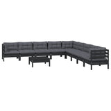 10 Piece Garden Lounge Set with Cushions Black Solid Pinewood - Side View