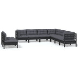 9 Piece Garden Lounge Set with Cushions Black Solid Pinewood - Front View