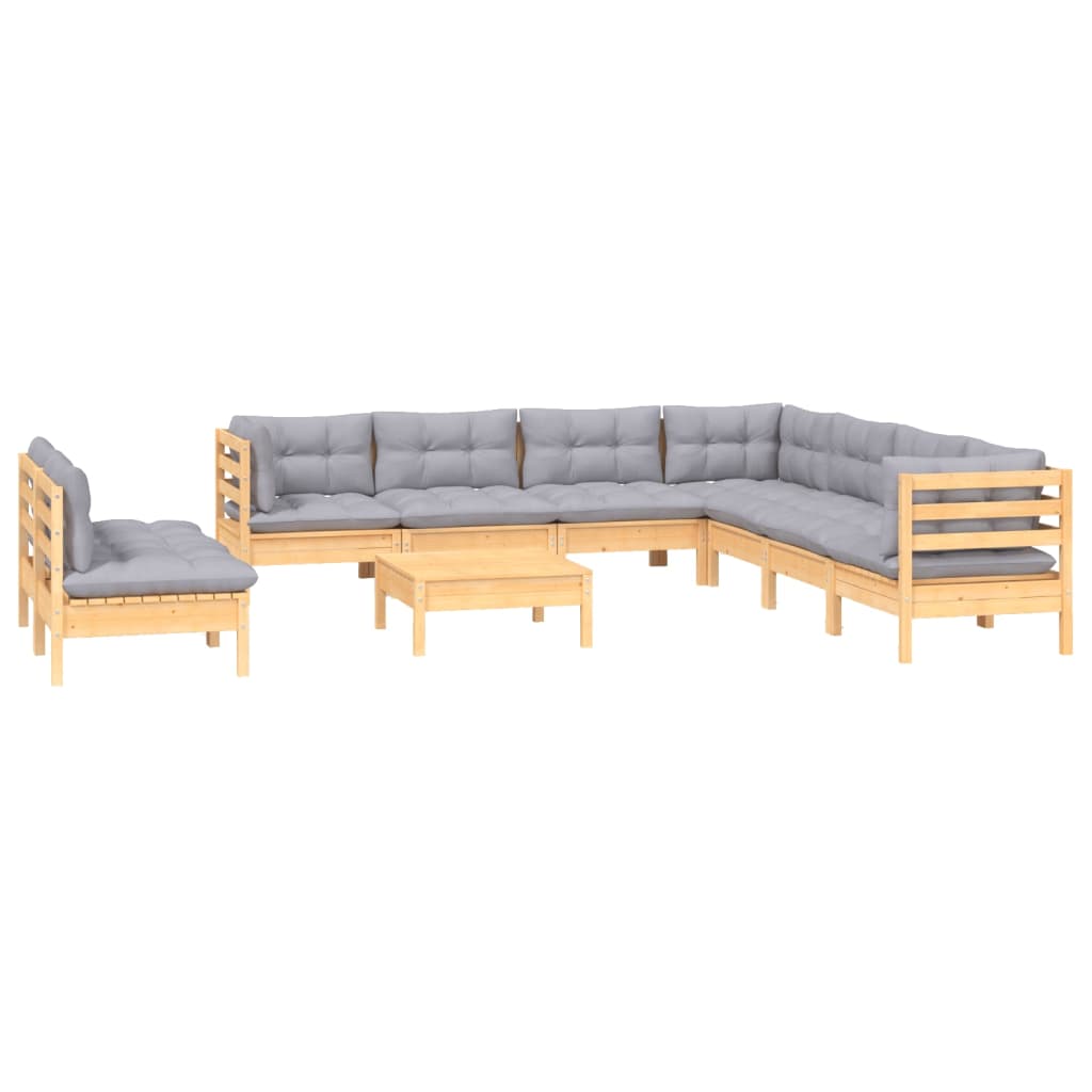 10 Piece Garden Lounge Set with Grey Cushions Solid Pinewood