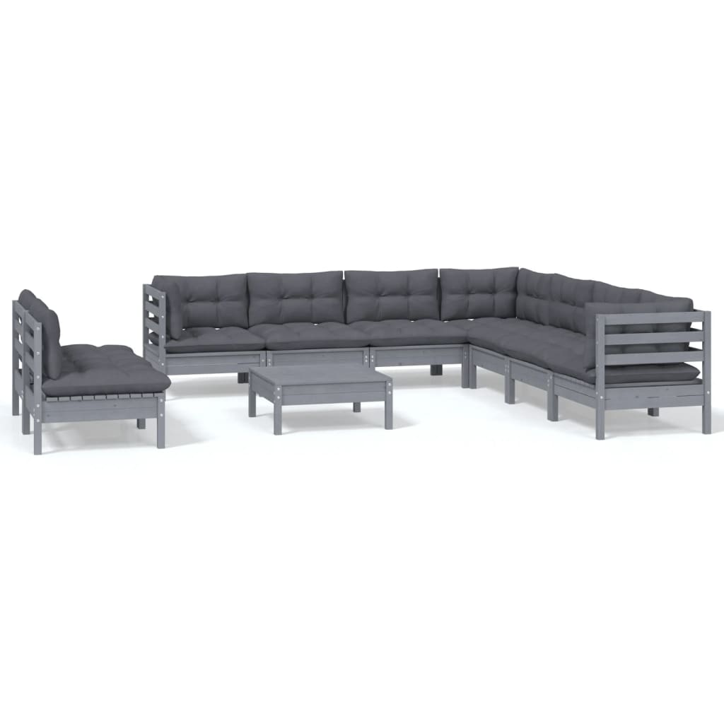 10 Piece Garden Lounge Set with Cushions Grey Solid Pinewood