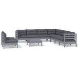10 Piece Garden Lounge Set with Cushions Grey Solid Pinewood - Front View