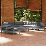 10 Piece Garden Lounge Set with Cushions Grey Solid Pinewood