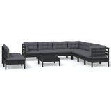 10 Piece Garden Lounge Set with Cushions Black Solid Pinewood - Front View