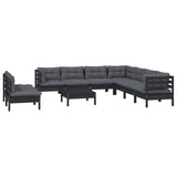 10 Piece Garden Lounge Set with Cushions Black Solid Pinewood