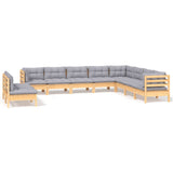 10 Piece Garden Lounge Set with Grey Cushions Solid Pinewood - Front View