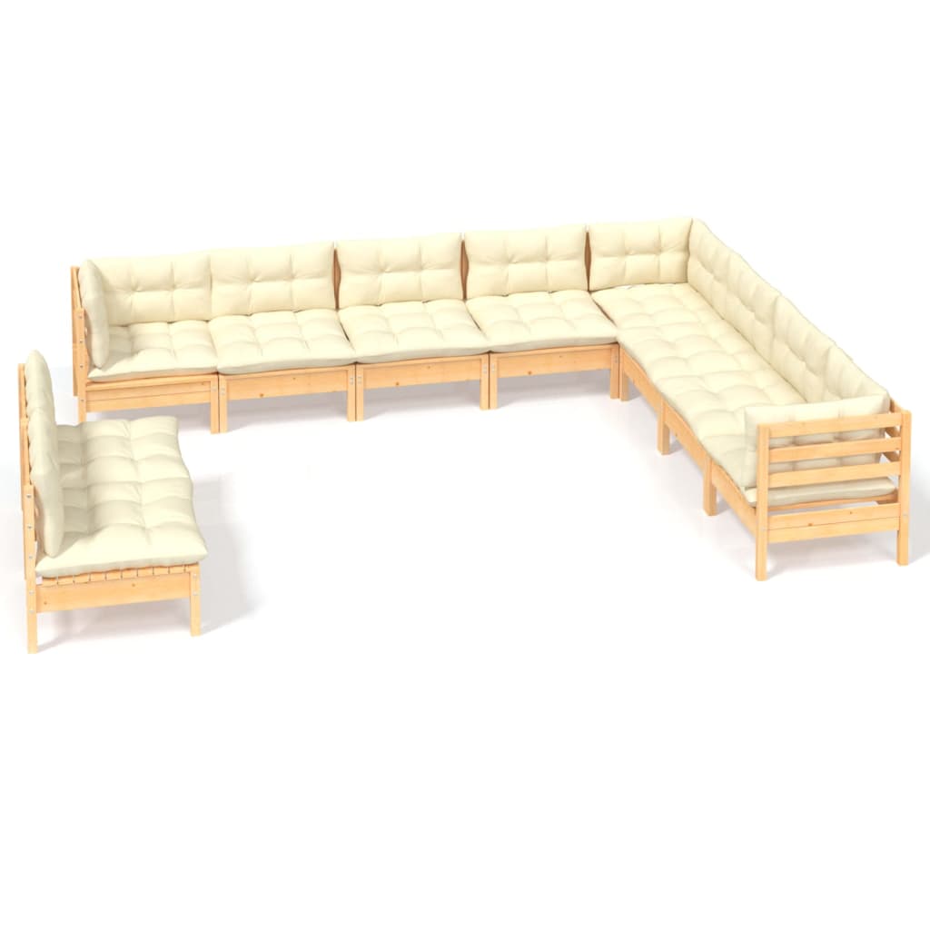 10 Piece Garden Lounge Set with Cream Cushions Solid Pinewood