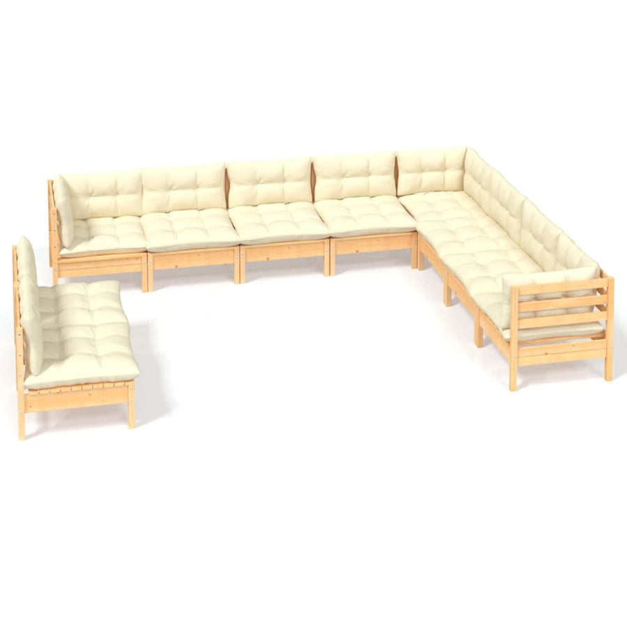 10 Piece Garden Lounge Set with Cream Cushions Solid Pinewood