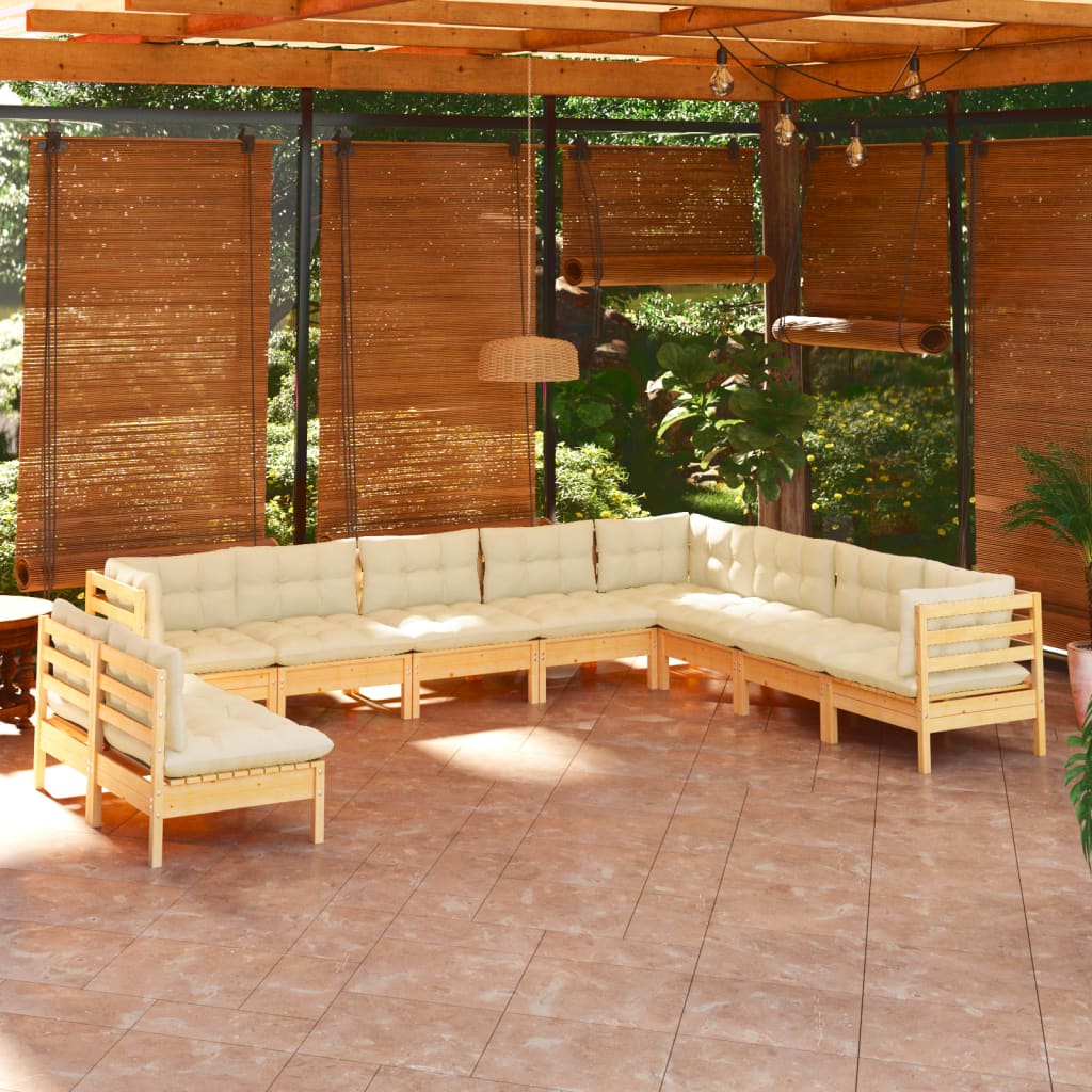 10 Piece Garden Lounge Set with Cream Cushions Solid Pinewood