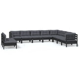 10 Piece Garden Lounge Set with Cushions Black Solid Pinewood - Front View