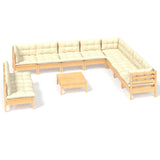 11 Piece Garden Lounge Set with Cream Cushions Solid Pinewood - Front View