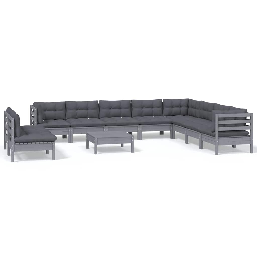 11 Piece Garden Lounge Set with Cushions Grey Solid Pinewood