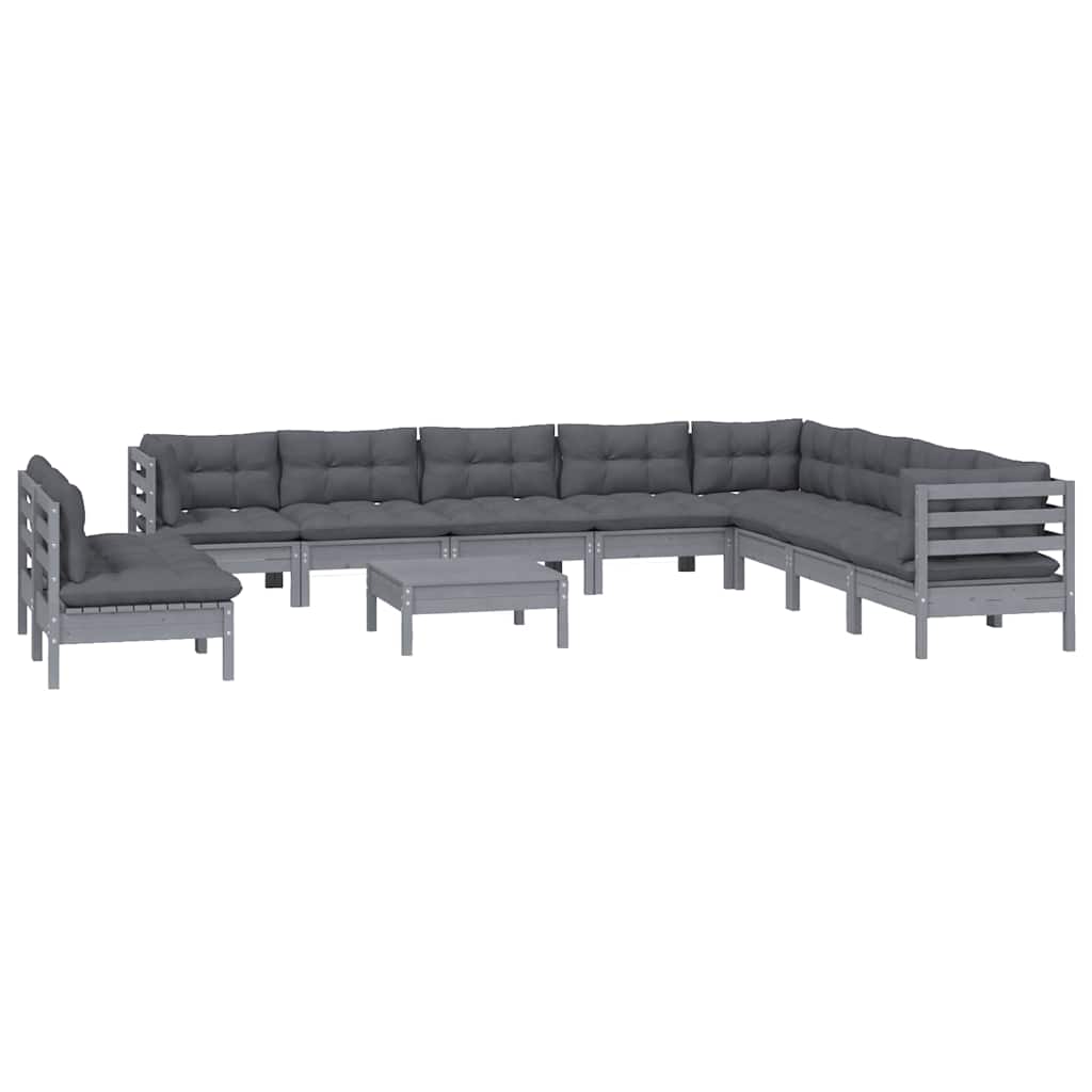 11 Piece Garden Lounge Set with Cushions Grey Solid Pinewood