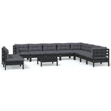 11 Piece Garden Lounge Set with Cushions Black Solid Pinewood - Front View