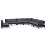 11 Piece Garden Lounge Set with Cushions Black Solid Pinewood - Front View