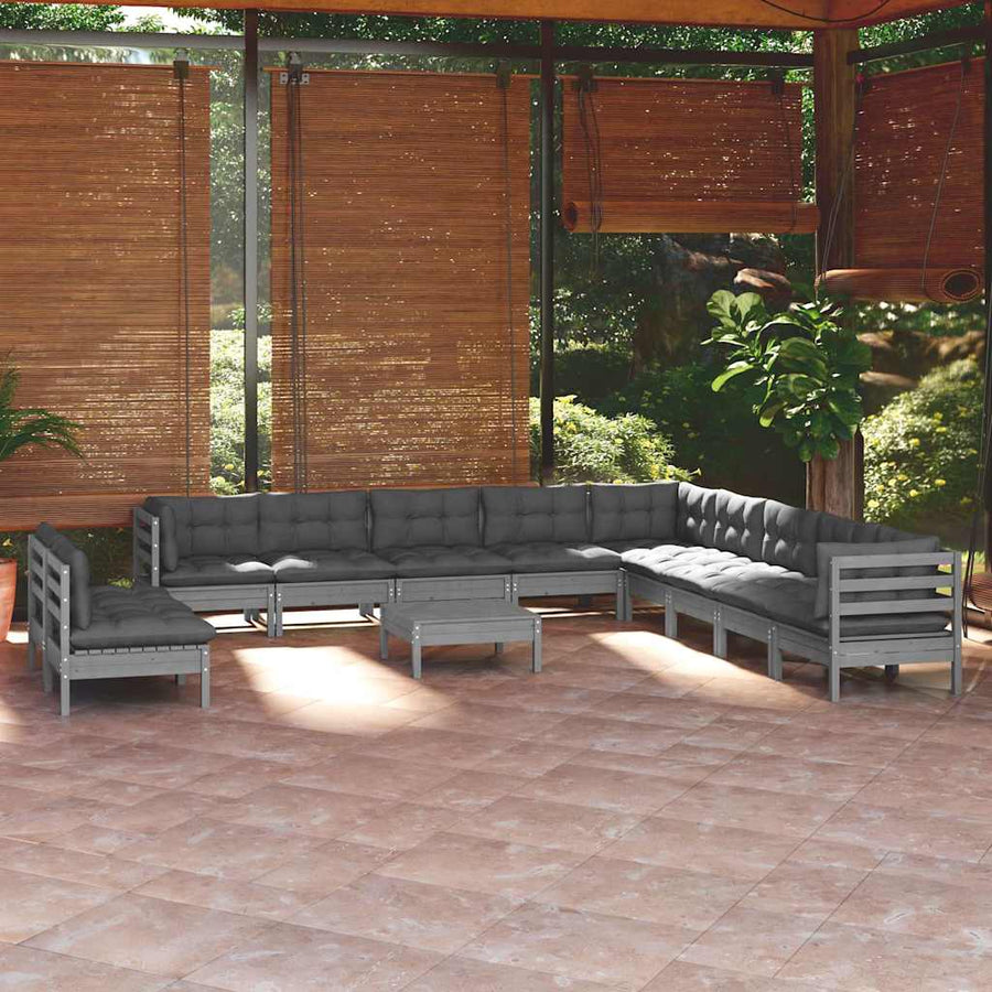 12 Piece Garden Lounge Set with Cushions Grey Solid Pinewood