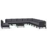 12 Piece Garden Lounge Set with Cushions Black Solid Pinewood - Front View