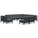 11 Piece Garden Lounge Set with Cushions Black Solid Pinewood - Front View