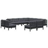11 Piece Garden Lounge Set with Cushions Black Solid Pinewood - Side View