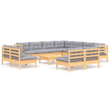 12 Piece Garden Lounge Set with Grey Cushions Solid Pinewood - Front View