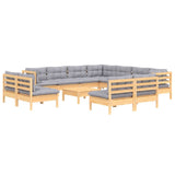 12 Piece Garden Lounge Set with Grey Cushions Solid Pinewood - Side View