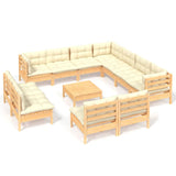 12 Piece Garden Lounge Set with Cream Cushions Solid Pinewood - Front View