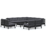 12 Piece Garden Lounge Set with Cushions Black Solid Pinewood - Front View