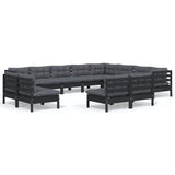 12 Piece Garden Lounge Set with Cushions Black Solid Pinewood - Front View