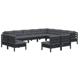 12 Piece Garden Lounge Set with Cushions Black Solid Pinewood - Side View