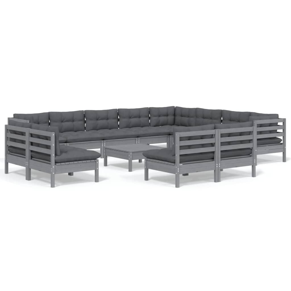 13 Piece Garden Lounge Set with Cushions Grey Solid Pinewood