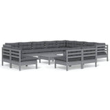 13 Piece Garden Lounge Set with Cushions Grey Solid Pinewood - Front View