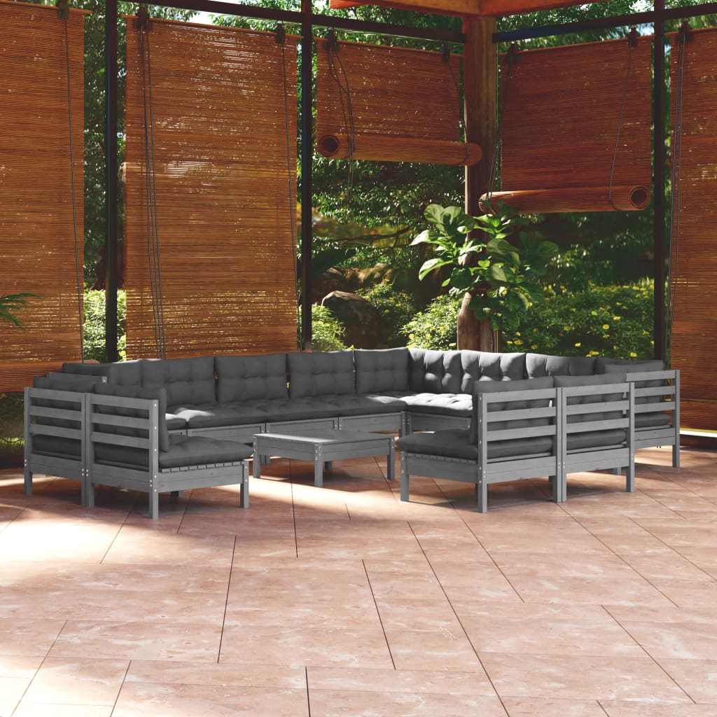 13 Piece Garden Lounge Set with Cushions Grey Solid Pinewood