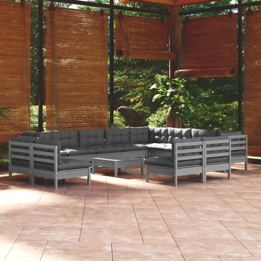13 Piece Garden Lounge Set with Cushions Grey Solid Pinewood