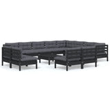 13 Piece Garden Lounge Set with Cushions Black Solid Pinewood - Front View