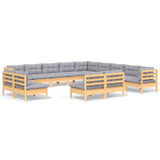 13 Piece Garden Lounge Set with Grey Cushions Solid Pinewood - Front View