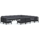 13 Piece Garden Lounge Set with Cushions Black Solid Pinewood - Front View