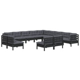 13 Piece Garden Lounge Set with Cushions Black Solid Pinewood - Side View