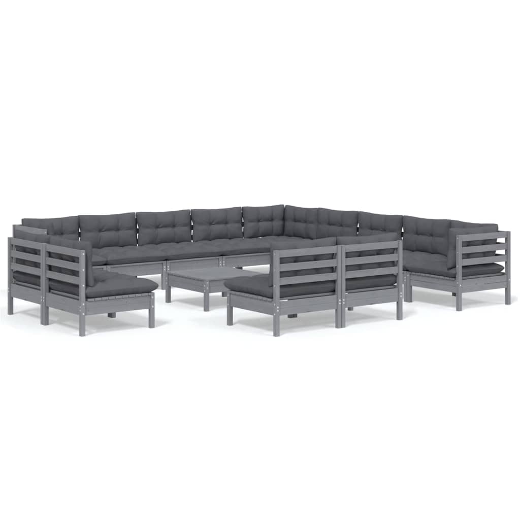 14 Piece Garden Lounge Set with Cushions Grey Solid Pinewood