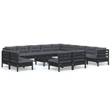 14 Piece Garden Lounge Set with Cushions Black Solid Pinewood - Front View