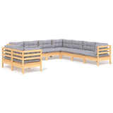9 Piece Garden Lounge Set with Grey Cushions Solid Pinewood - Front View