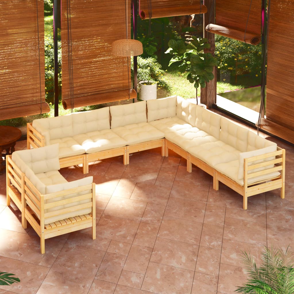 9 Piece Garden Lounge Set with Cream Cushions Solid Pinewood